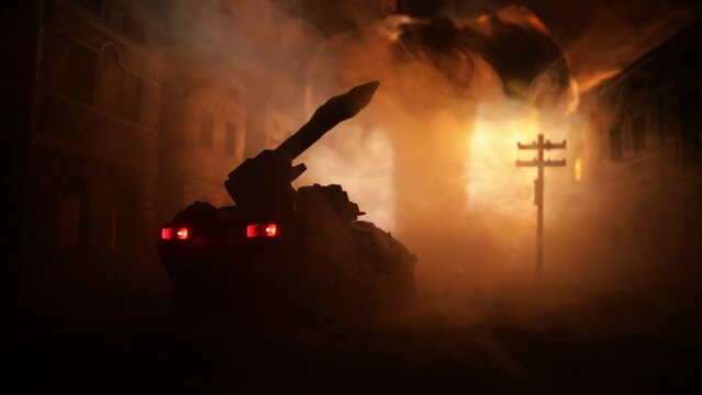 Rocket launch with fire clouds. Battle scene with rocket Missiles with Warhead Aimed at Gloomy Sky at night. Soldiers and Rockets War Backgound. Selective focus