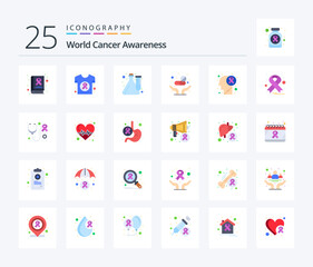 World Cancer Awareness 25 Flat Color icon pack including care. pills. shirt. medicine. lab