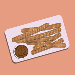 Food illustration, Churros with sugar and chocolate sauce on white plate for poster design.