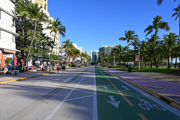 Art deco hotels on Ocean Drive in South Beach on Miami Beach, Florida on clear cloudless sunny morning..