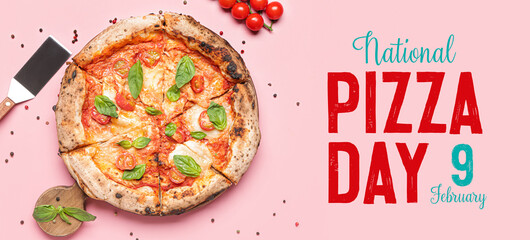 Delicious pizza Margarita and ingredients on pink background. Banner for National Pizza Day