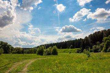 Beautiful blue sky with passing clouds over a bright green landscape of fields and forests