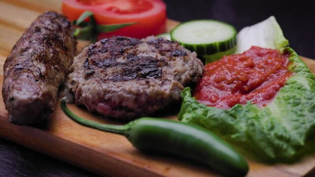 Pressing with a fork on medium well grilled homemade traditional Bulgarian ground meat sausage called kyufte placed next to kebapche and dipping sauce lyutenica garnished with veggies.