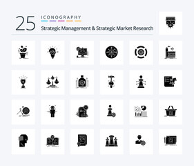 Strategic Management And Strategic Market Research 25 Solid Glyph icon pack including dart. navigator. chemical. navigation. compass