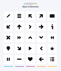 Creative Basic Ui Elements 25 Glyph Solid Black icon pack  Such As arrow. mail. up. massege. right