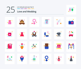Wedding 25 Flat Color icon pack including love message. romance. female. love. heart