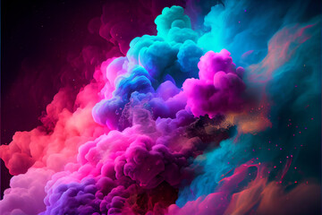 Pastel neon blue and purple multicolored smoke puff cloud design elements on a dark background - generative ai