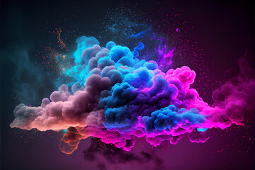 Retro neon multicolored smoke puff cloud design elements on a dark background - generative ai