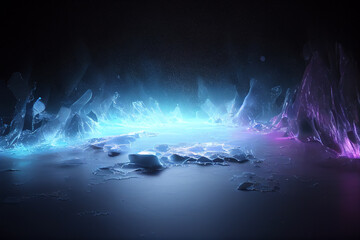 Beautiful ice background. Generative AI. Ice and snow on dark background