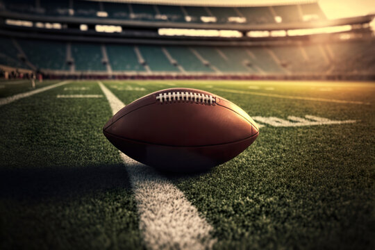 Close-up Of American Football On Field With Stadium In Background, Super Bowl Game. Generative AI