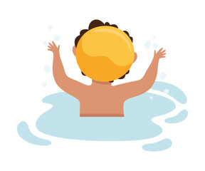 Happy Boy in Swimming Pool Wearing Cap Splashing in Water Back View Vector Illustration