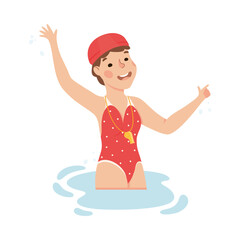Woman Instructor in Swimming Pool in Cap with Whistle Vector Illustration