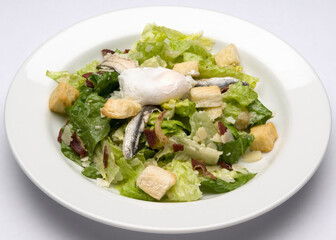 Caesar Salad romaine  cos lettuce with poached egg, croutons, anchovies and bacon.