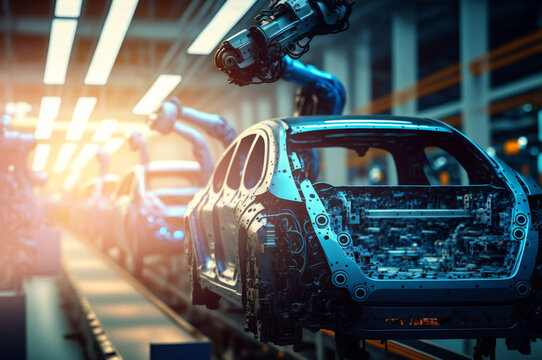 Modern Manufacture Car factory, conveyor line with Automated robot arm. Industry innovation engineer concept, blue color with sunlight. Generation AI