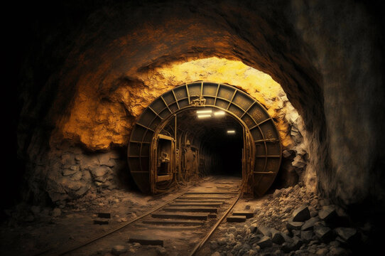Working underground mine for the extraction of ore, gold, coal, dark yellow tunnel with trolley tracks. Generation AI