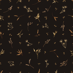 Dry grass. Simple seamless pattern on dark background. Yellow tones. Botanical vector  illustration. Field herbs. Layout for wallpaper, textile, fabric, card, banner. Sketch.