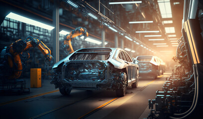 Obraz premium Modern Manufacture Car factory, conveyor line with Automated robot arm. Concept Industry innovation engineer. Generation AI