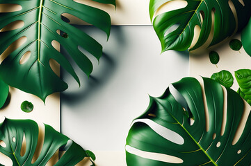 Creative natural background for text. Top view monstera green leaves with paper card for copy space. Generation AI