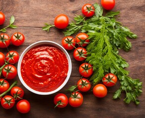 tomato ketchup sauce and ingredients on a wooden background. top view.
