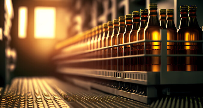 Glass bottles of beer on dark background with sun light. Concept banner brewery plant production line. Generation AI