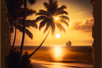 sunset over the sea with palm trees and sailboat, generative ai