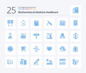 Biochemistry And Medicine Healthcare 25 Blue Color icon pack including handbag. medical. stethoscope. injection. medicine