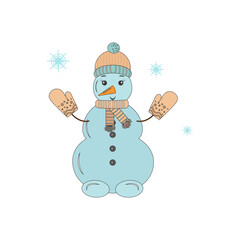 Cute funny postcard of a snowman on a white background. Funny cartoon character. Vector design template. Festive Christmas background.