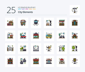 City Elements 25 Line Filled icon pack including stand. food. rail. recreation. city