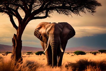 Fototapeta na wymiar elephant at sunset on the savannah, generative ai