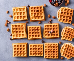 Tasty belgian waffles with whipped cream on grey background.