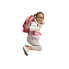 School girl, Happy Asian student school kid jumping for joy with backpack, Full body portrait...