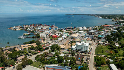 Aerial view looking eastward above the centre of central Honiara city. 