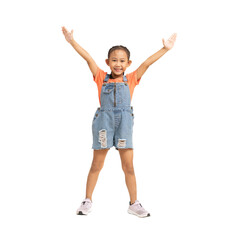 Fototapeta School girl, Happy Asian student raising both arms in the air, Full body portrait isolate background  obraz