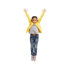 School girl, Happy Asian student school kid jumping for joy, Full body portrait isolate background  - obrazy, fototapety, plakaty