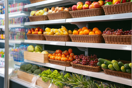 vegetable fruits  on shelf in freezer in convenience store for sell