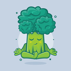 calm broccoli vegetable character mascot with yoga meditation pose isolated cartoon in flat style design