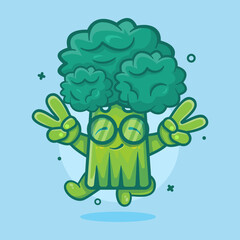 cute broccoli vegetable character mascot with peace sign hand gesture isolated cartoon in flat style design