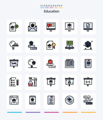 Creative Education 25 Line FIlled icon pack  Such As learning. education. invite. video. multimedia