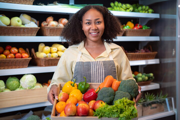 African american woman grocery working in supermarket with fruit and vegetable background