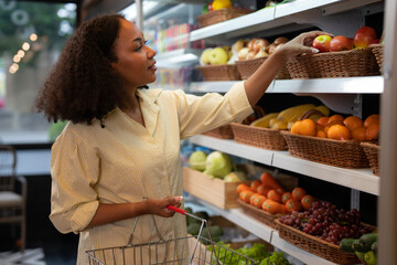 An african american woman buy a fruit and vegetable from refrigerator cold in food onvenience store