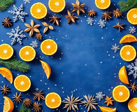 orange blue background with snowflakes and balls