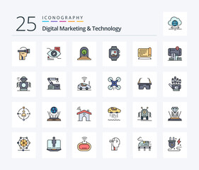 Digital Marketing And Technology 25 Line Filled icon pack including mobile. love. growth. watch. new