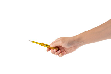 Yellow screwdriver tools in hand on white background