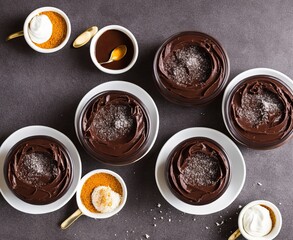  tasty chocolate cream with pieces as background, closeup, puding