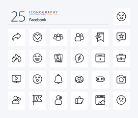 Facebook 25 Line icon pack including favorite. text. friends. sign. mark