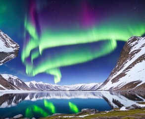 landscape with water,  Northern lights and snow covered mountains in Lofoten islands, Norway. Aurora borealis. Starry sky with polar lights and snowy rocks reflected in water.