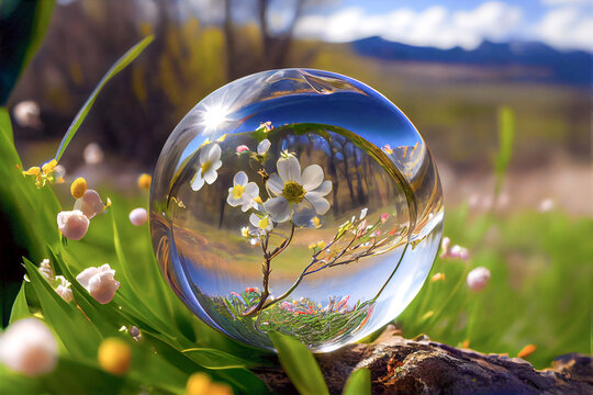 Spring glass orb with flowering trees and spring growth, Generative AI