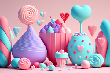 Pastel colored candies and hearts for Valentines day. Generative Ai