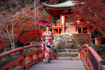 Japanese girl in Kimono dress smile in Daigoji temple with pond bridge pagoda and red maple garden...
