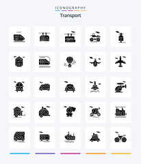 Creative Transport 25 Glyph Solid Black icon pack Such As airplane. hot. scooter. balloon. transportation